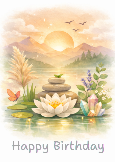 Lotusblume‑Happy‑Birthday Minimalistische Geburtstagskarte mit Lotusblume und dem Text Happy Birthday