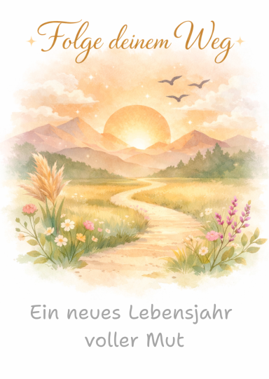Finde‑deinen‑Weg‑Ein‑neues‑Lebensjahr‑voller‑Mut Minimalistische Motivkarte mit Weg‑Illustration und dem Text „Ein neues Lebensjahr voller Mut“.