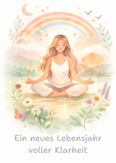 Meditierende‑Frau‑Ein‑neues‑Lebensjahr‑voller‑Klarheit Minimalistische Geburtstagskarte mit meditierender Frau und dem Text „Ein neues Lebensjahr voller Klarheit“.