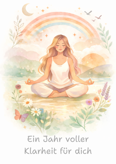 Meditierende‑Frau‑Ein‑Jahr‑voller‑Klarheit Achtsamkeitskarte mit meditierender Frau und dem Text Ein Jahr voller Klarheit